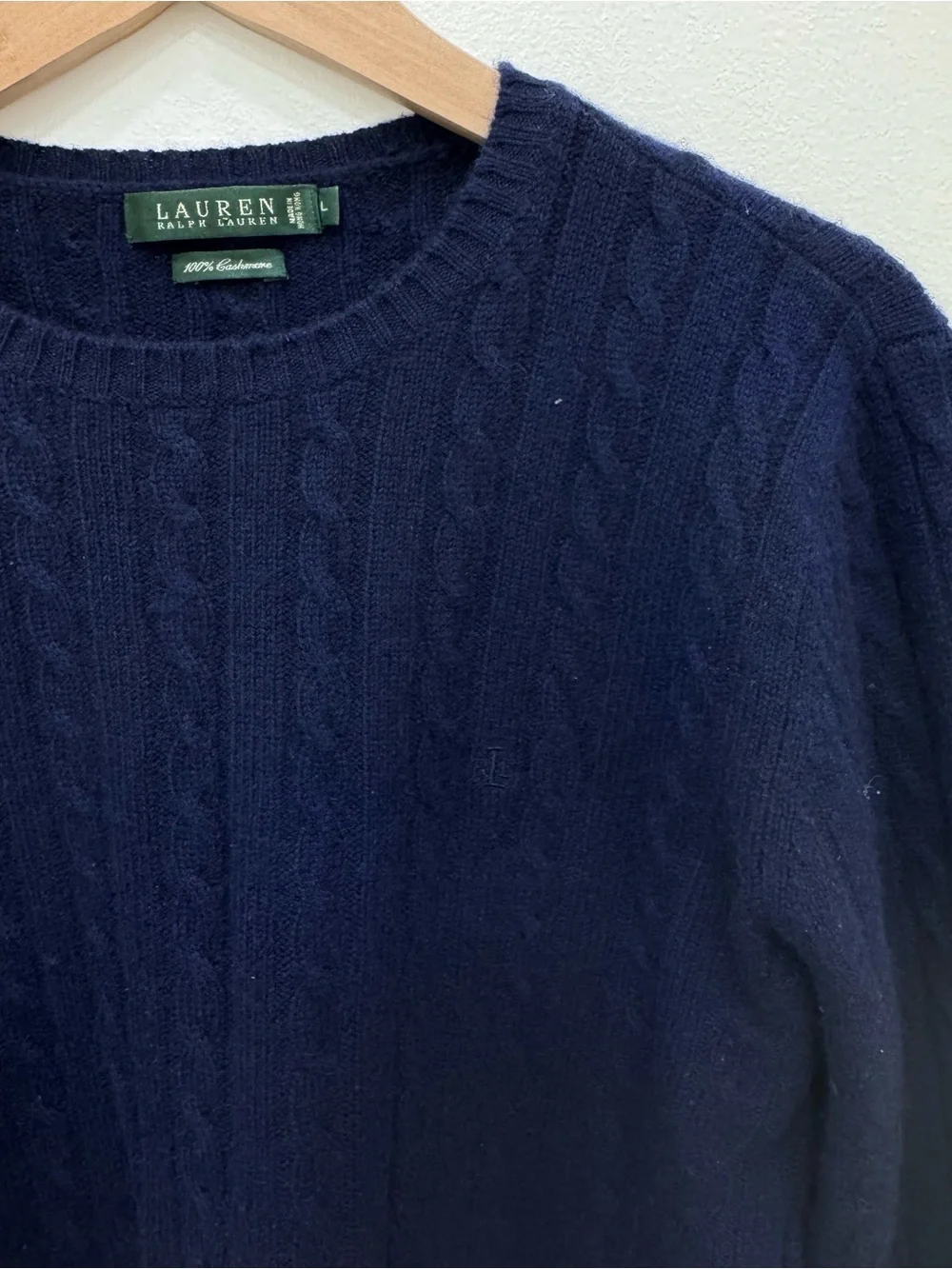 Lauren Ralph Lauren 100% Cashmere Cable-Knit Pullover Size Sz Lg Navy Blue
